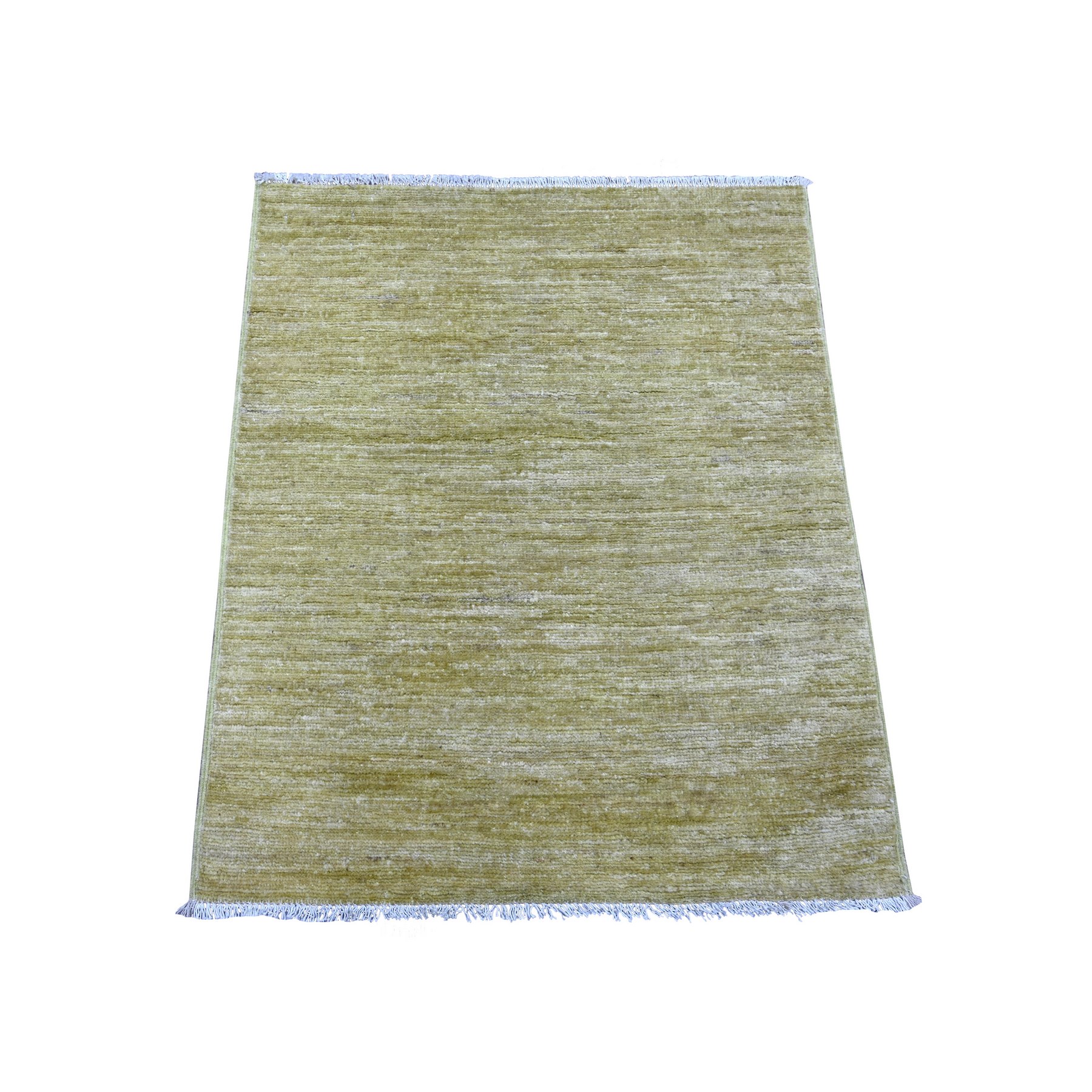 2'6"x3' Olive Green, Plain Solid Pattern, Hand Knotted, Hand Spun Ghazni Wool, Lush and Plush, Mat, Sample, Oriental Rug 